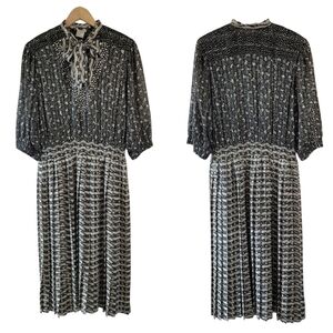VTG 80's Kanga Collection Victorian Midi Dress Sz L Black White Floral Pleated